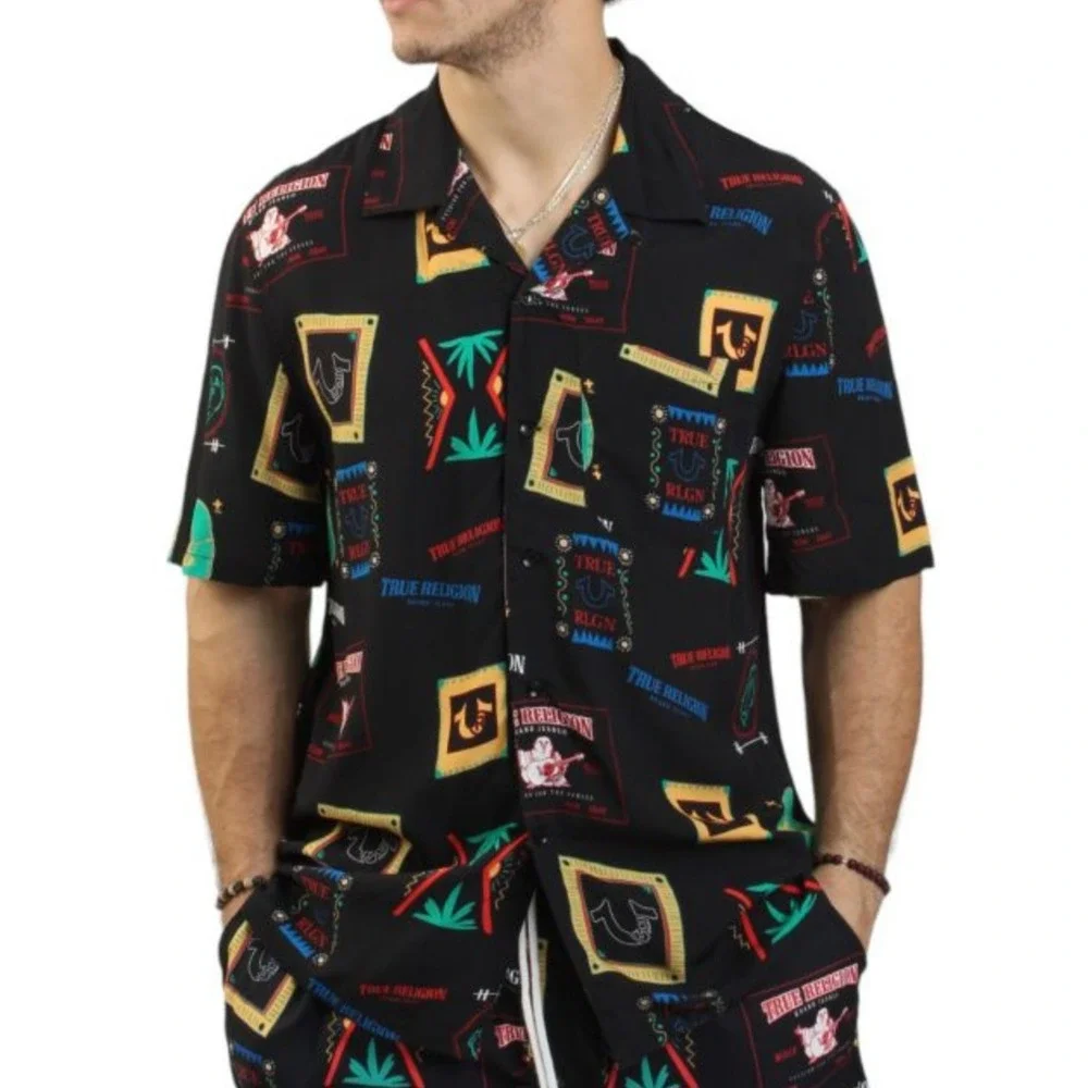True‎ Religion Shirt Mens S NEW Hawaiian Short Sleeve Button Up Pocket Resort